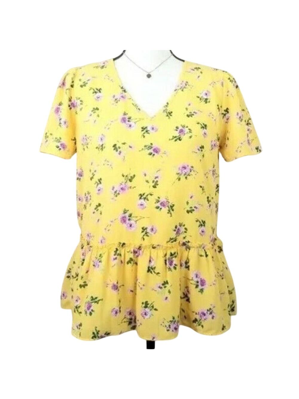 Pleione Women Yellow Peplum Ruffle Floral Blouse Top S Feminine Cottage Twee NEW